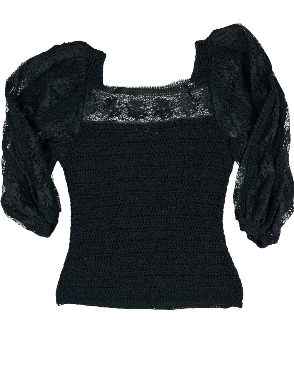 Sonia Handmade Black Crochet Lace Balloon Sleeve Top Vintage Boho Dark Academia